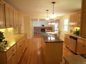 interior renovation, kitchen, casual dining room plus formal dining room with fireplace